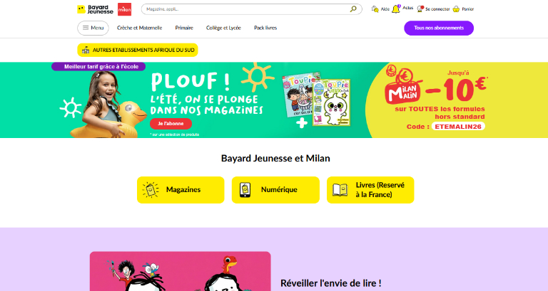 Le site e-commerce Enfance Bayard Jeunesse / Milan